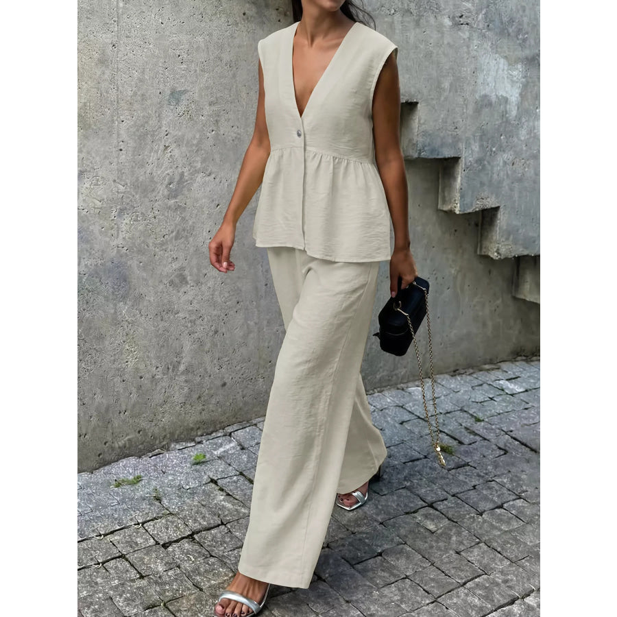 One Button Top and Wide Leg Pants Set Beige / S Apparel and Accessories