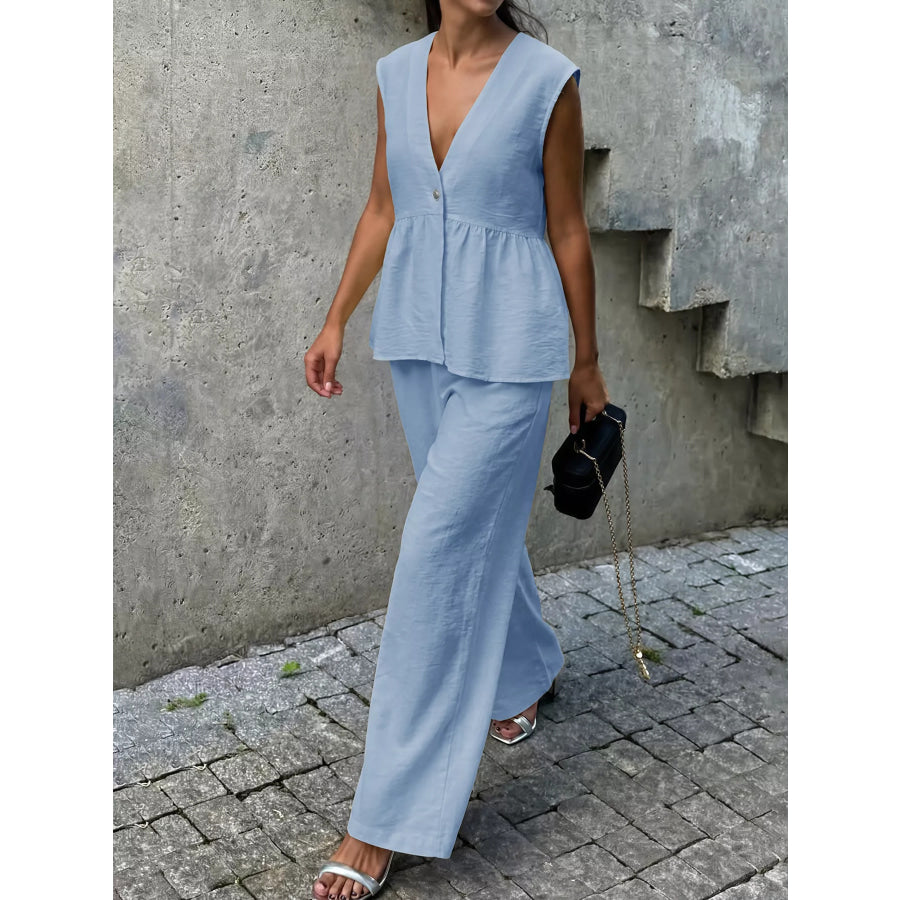 One Button Top and Wide Leg Pants Set Light Blue / S Apparel Accessories