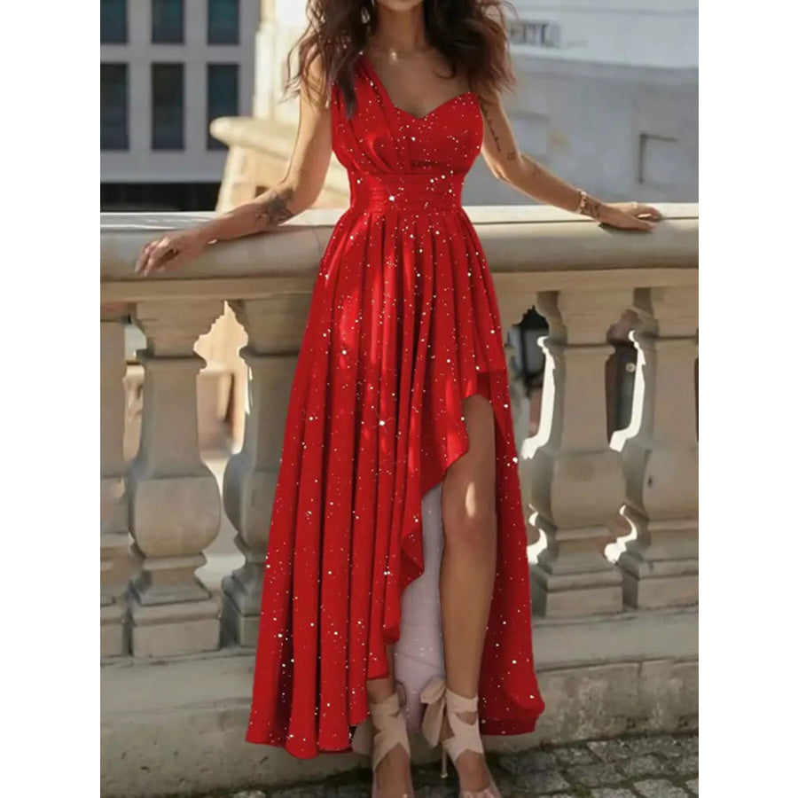 One-Shoulder Asymmetrical Hem Maxi Dress Deep Red / S Apparel and Accessories