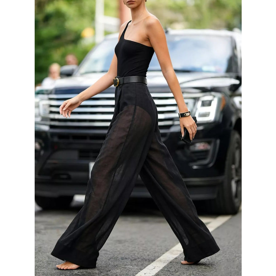 One-Shoulder Bodysuit and Sheer Wide-Leg Pants Set Apparel Accessories