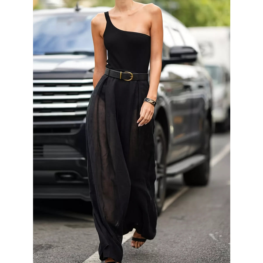 One-Shoulder Bodysuit and Sheer Wide-Leg Pants Set Apparel Accessories