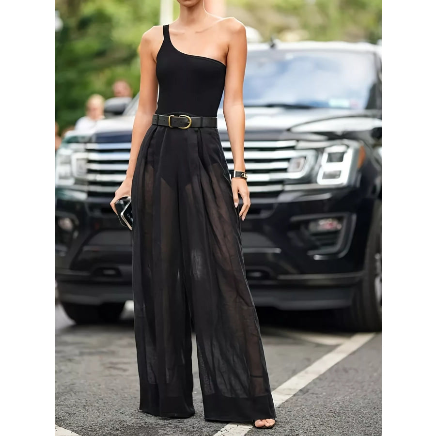 One-Shoulder Bodysuit and Sheer Wide-Leg Pants Set Black / S Apparel Accessories