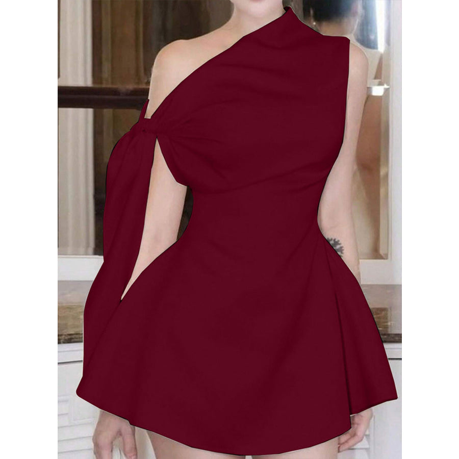 One-Shoulder Bowknot Mini Dress Deep Red / S Apparel and Accessories