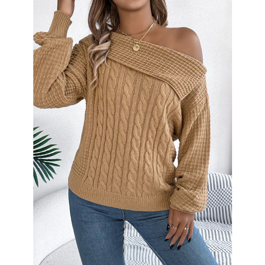 One Shoulder Cable Knit Sweater Camel / S Apparel and Accessories