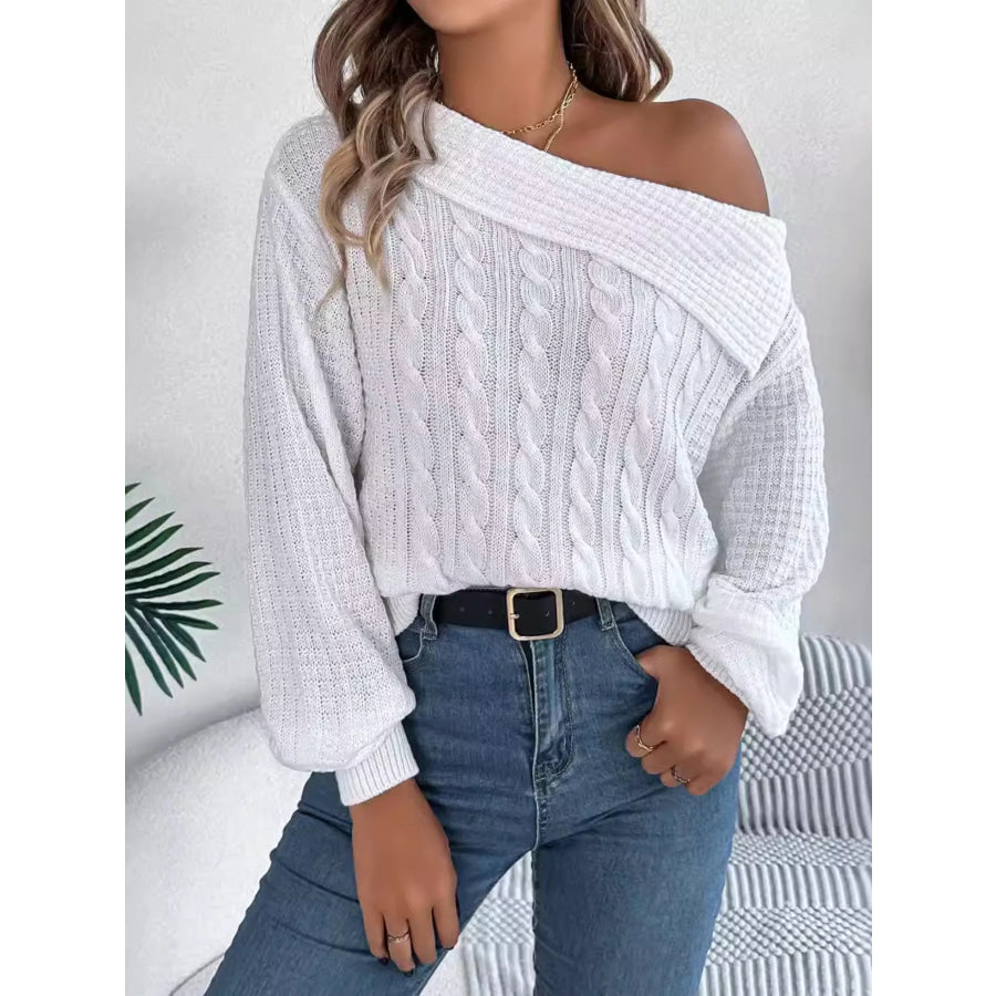 One Shoulder Cable Knit Sweater White / S Apparel and Accessories