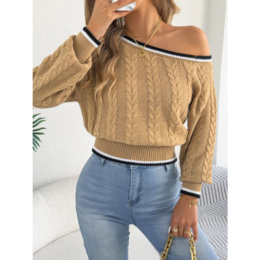 One-Shoulder Cable Knit Sweater with Striped Trim Apparel and Accessories