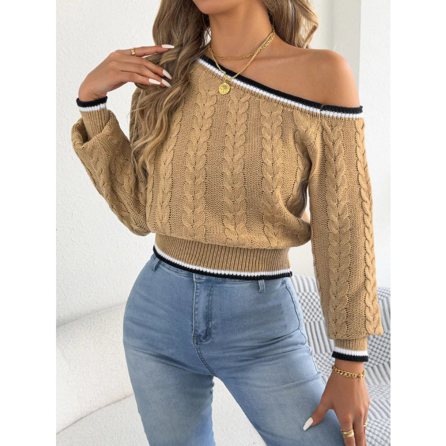 One-Shoulder Cable Knit Sweater with Striped Trim Apparel and Accessories