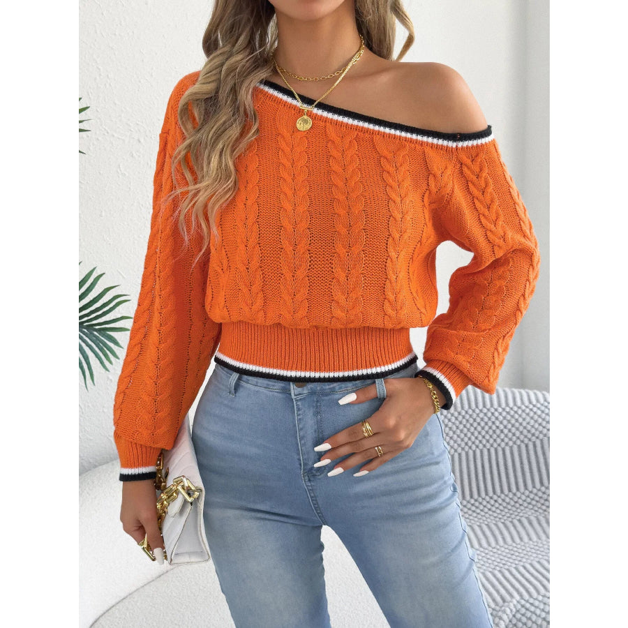 One-Shoulder Cable Knit Sweater with Striped Trim Apparel and Accessories