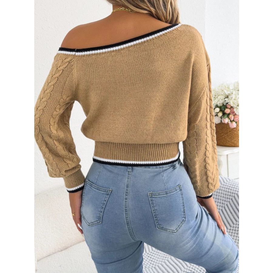 One-Shoulder Cable Knit Sweater with Striped Trim Apparel and Accessories