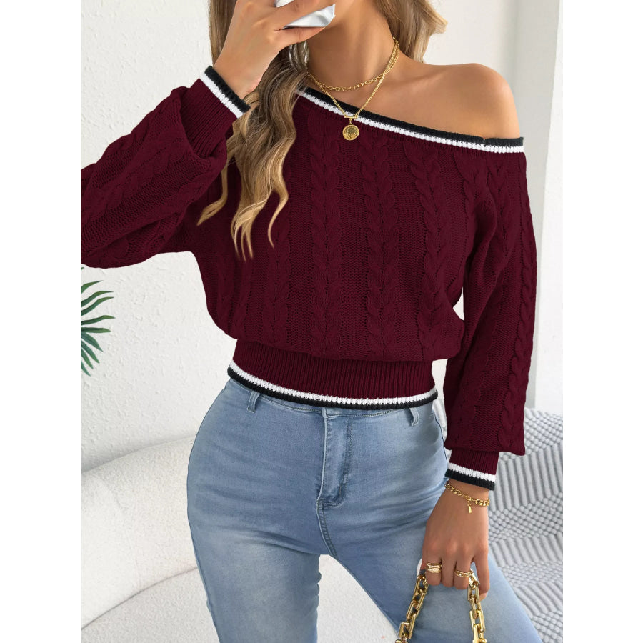 One-Shoulder Cable Knit Sweater with Striped Trim Apparel and Accessories