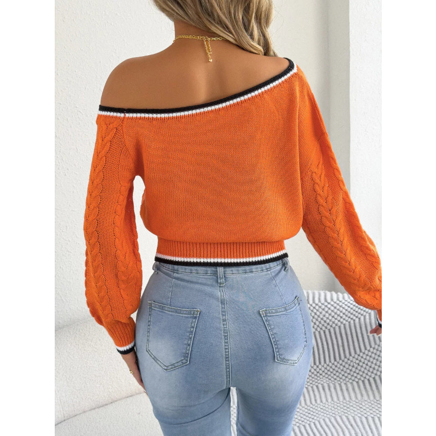 One-Shoulder Cable Knit Sweater with Striped Trim Apparel and Accessories