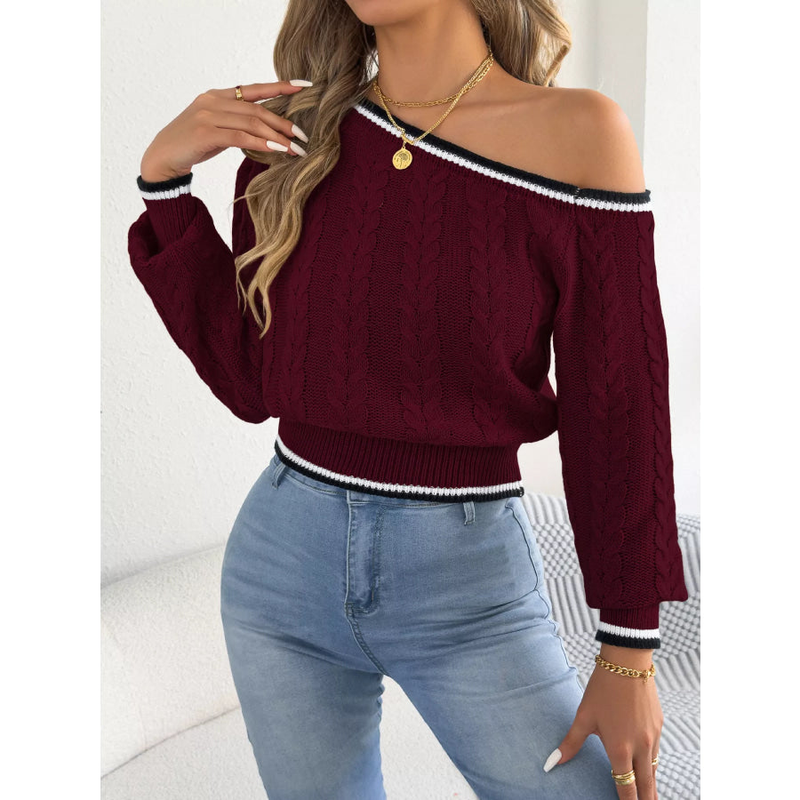 One-Shoulder Cable Knit Sweater with Striped Trim Apparel and Accessories