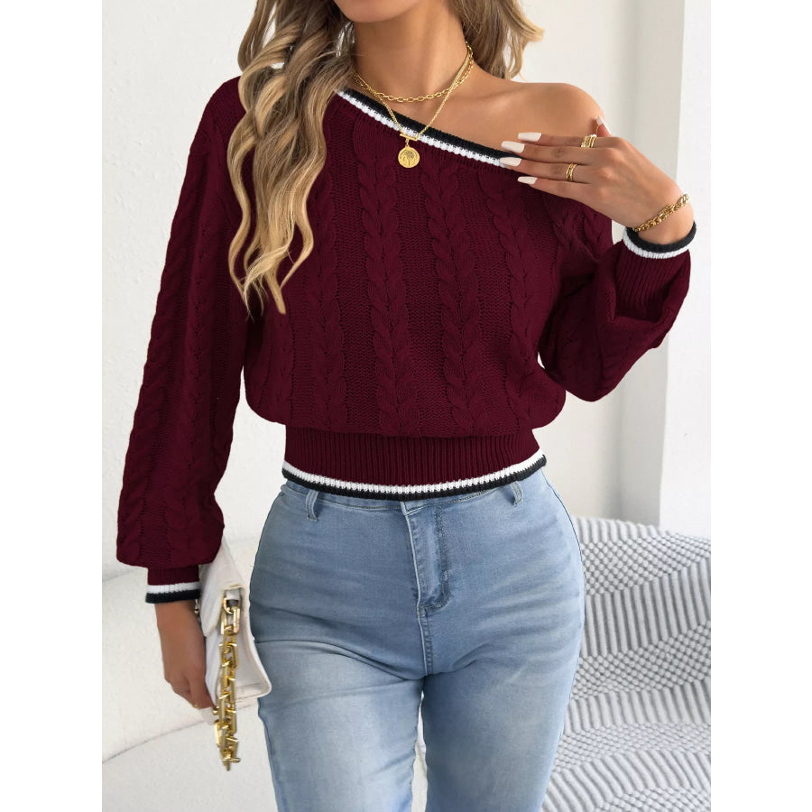 One-Shoulder Cable Knit Sweater with Striped Trim Apparel and Accessories