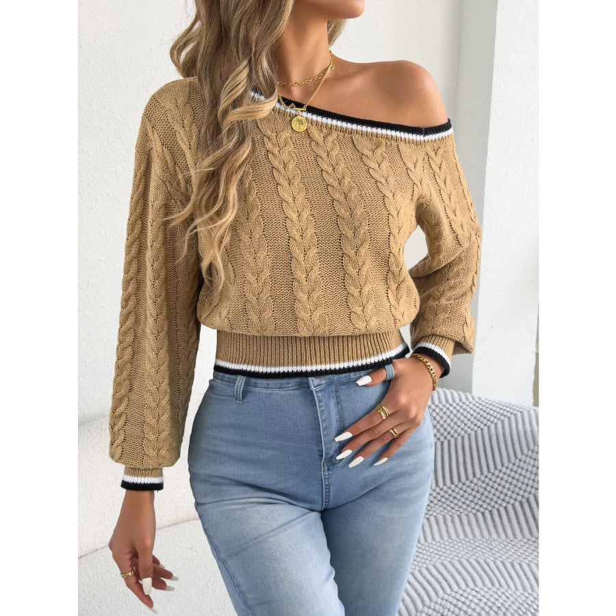 One-Shoulder Cable Knit Sweater with Striped Trim Apparel and Accessories