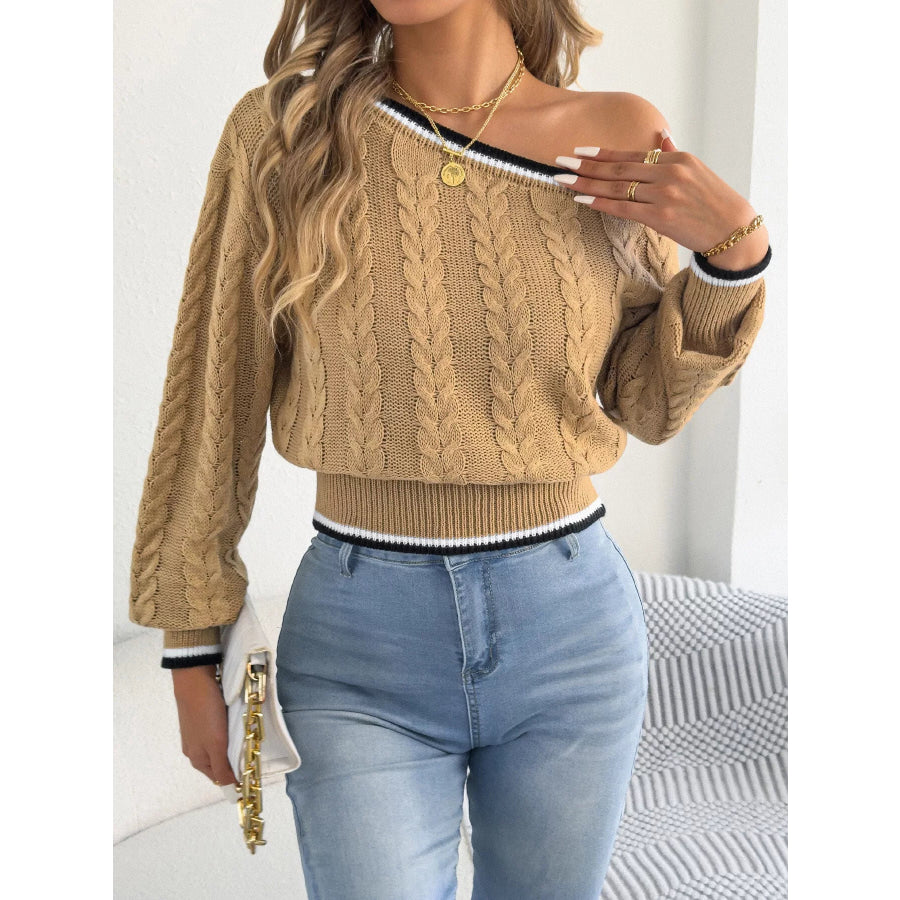 One-Shoulder Cable Knit Sweater with Striped Trim Apparel and Accessories