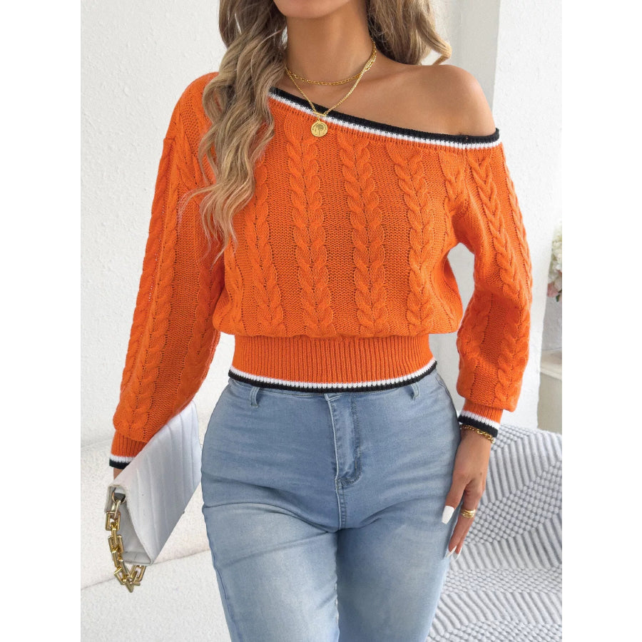 One-Shoulder Cable Knit Sweater with Striped Trim Apparel and Accessories
