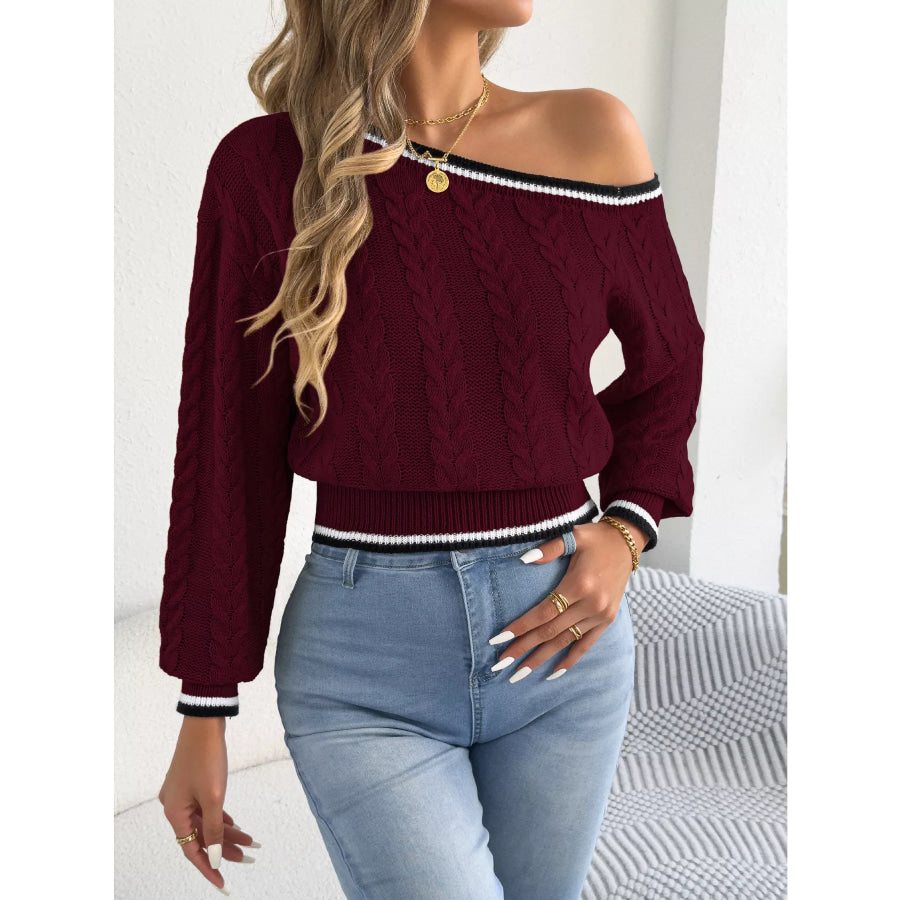One-Shoulder Cable Knit Sweater with Striped Trim Apparel and Accessories