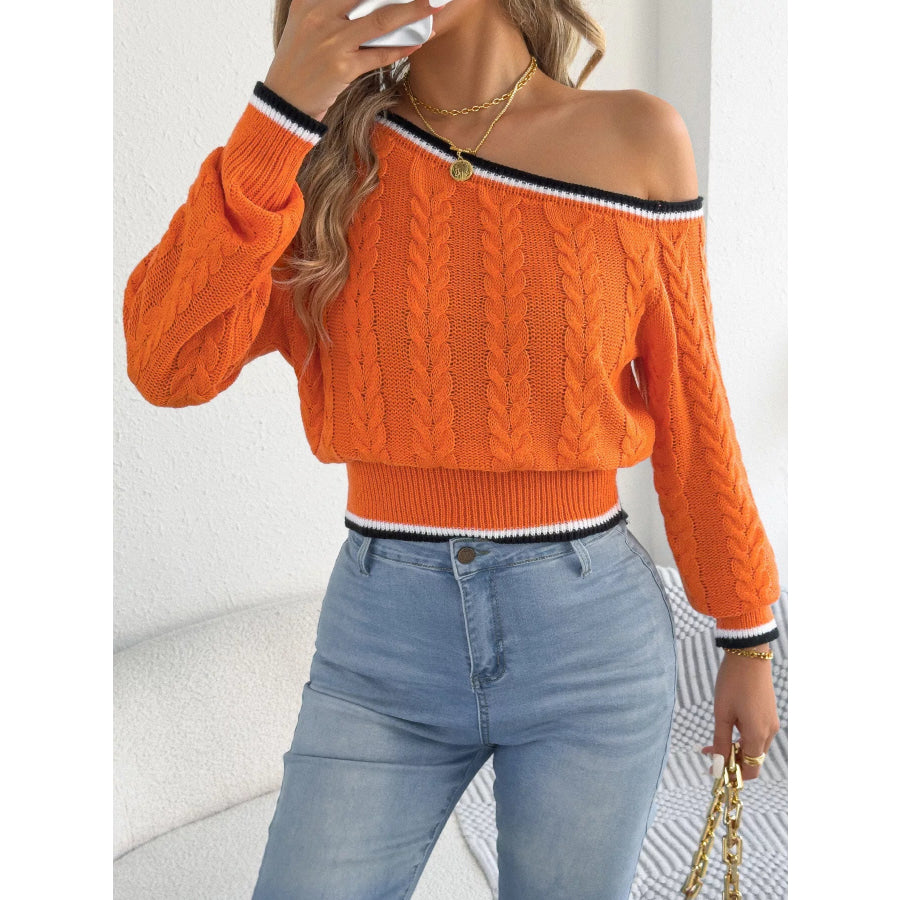 One-Shoulder Cable Knit Sweater with Striped Trim Orange / S Apparel and Accessories