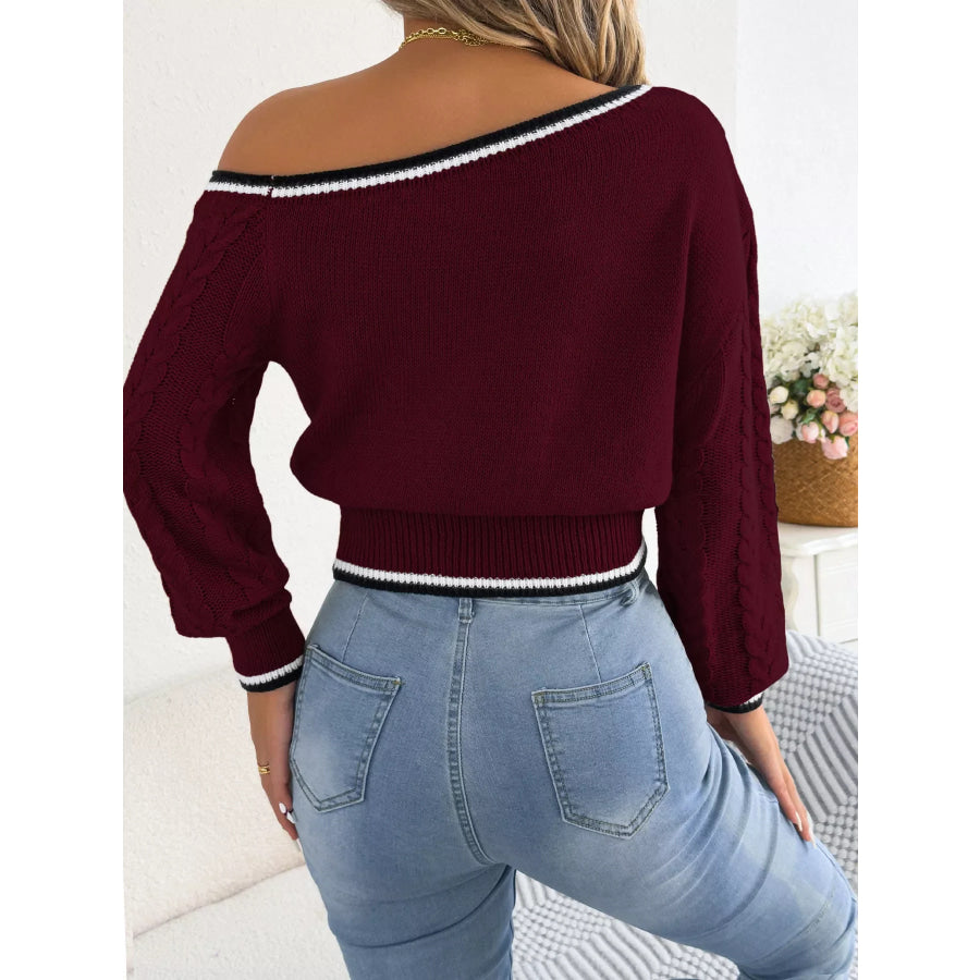 One-Shoulder Cable Knit Sweater with Striped Trim Wine Red / S Apparel and Accessories