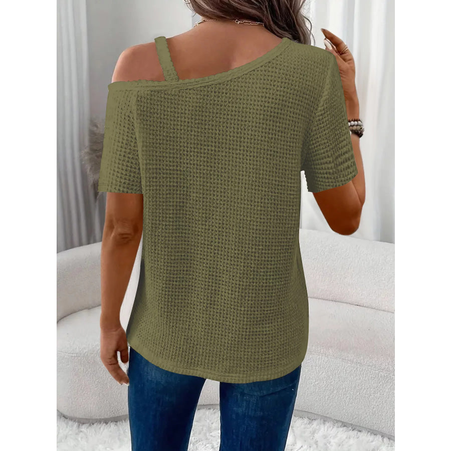 One-Shoulder Chain Detail Waffle Knit T-Shirt Apparel and Accessories