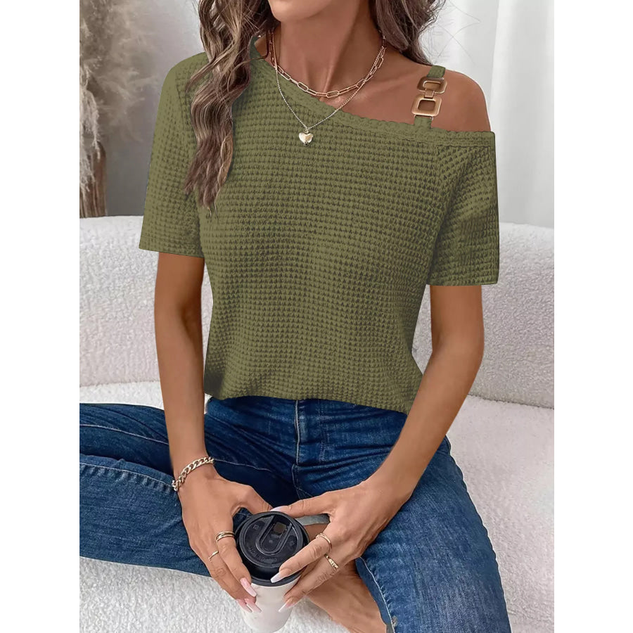 One-Shoulder Chain Detail Waffle Knit T-Shirt Apparel and Accessories