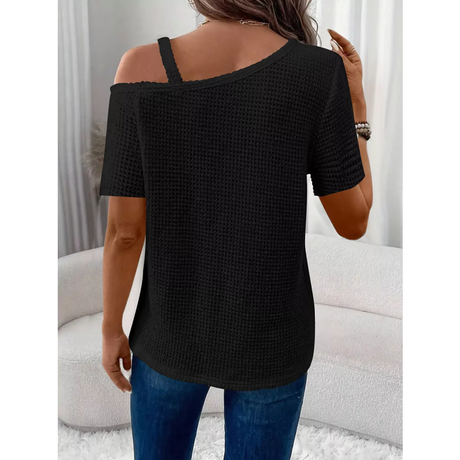 One-Shoulder Chain Detail Waffle Knit T-Shirt Apparel and Accessories