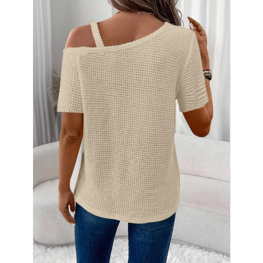 One-Shoulder Chain Detail Waffle Knit T-Shirt Apparel and Accessories