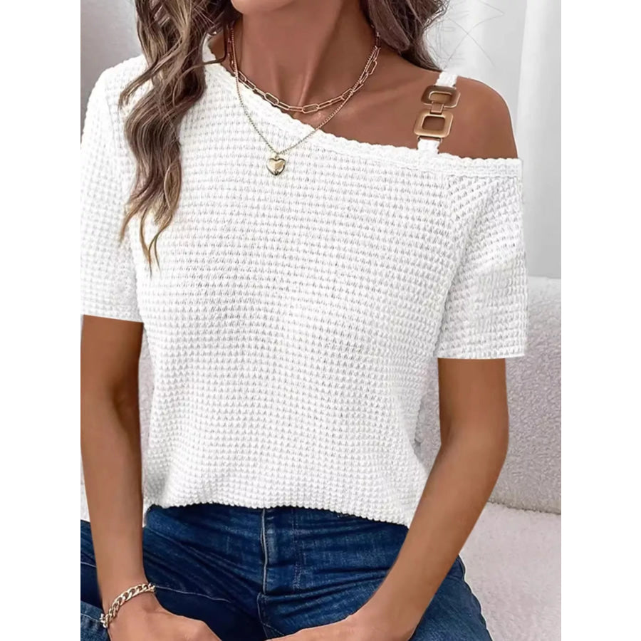 One-Shoulder Chain Detail Waffle Knit T-Shirt Apparel and Accessories