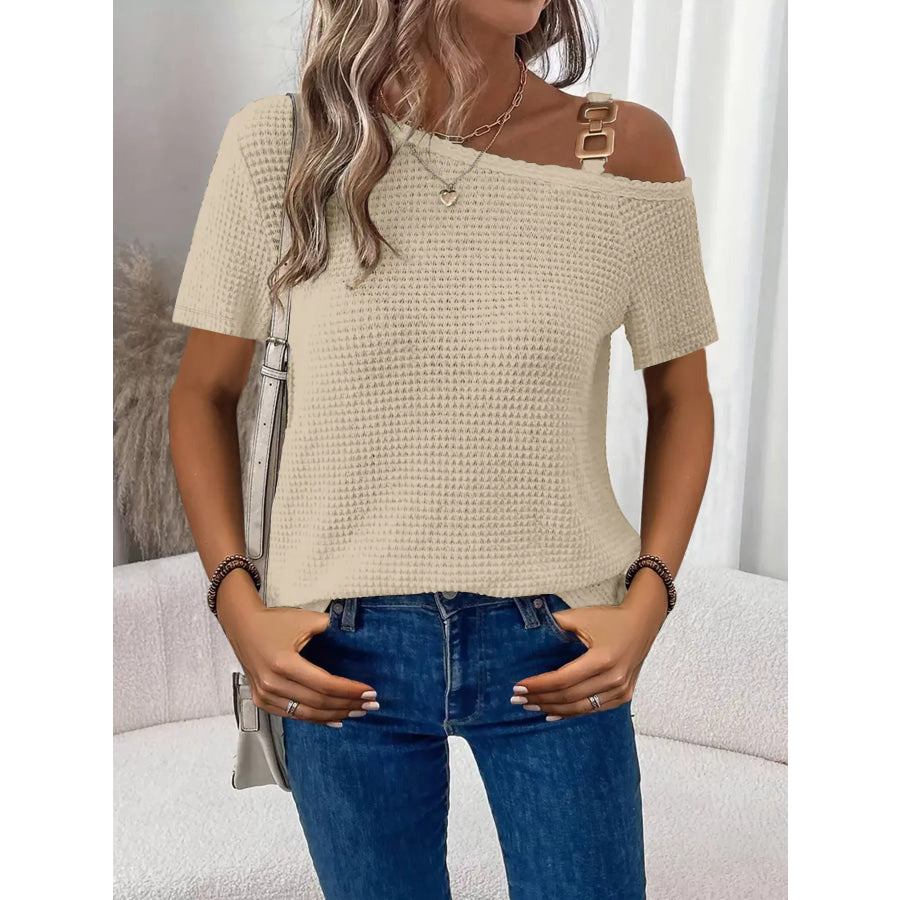 One-Shoulder Chain Detail Waffle Knit T-Shirt Beige / S Apparel and Accessories