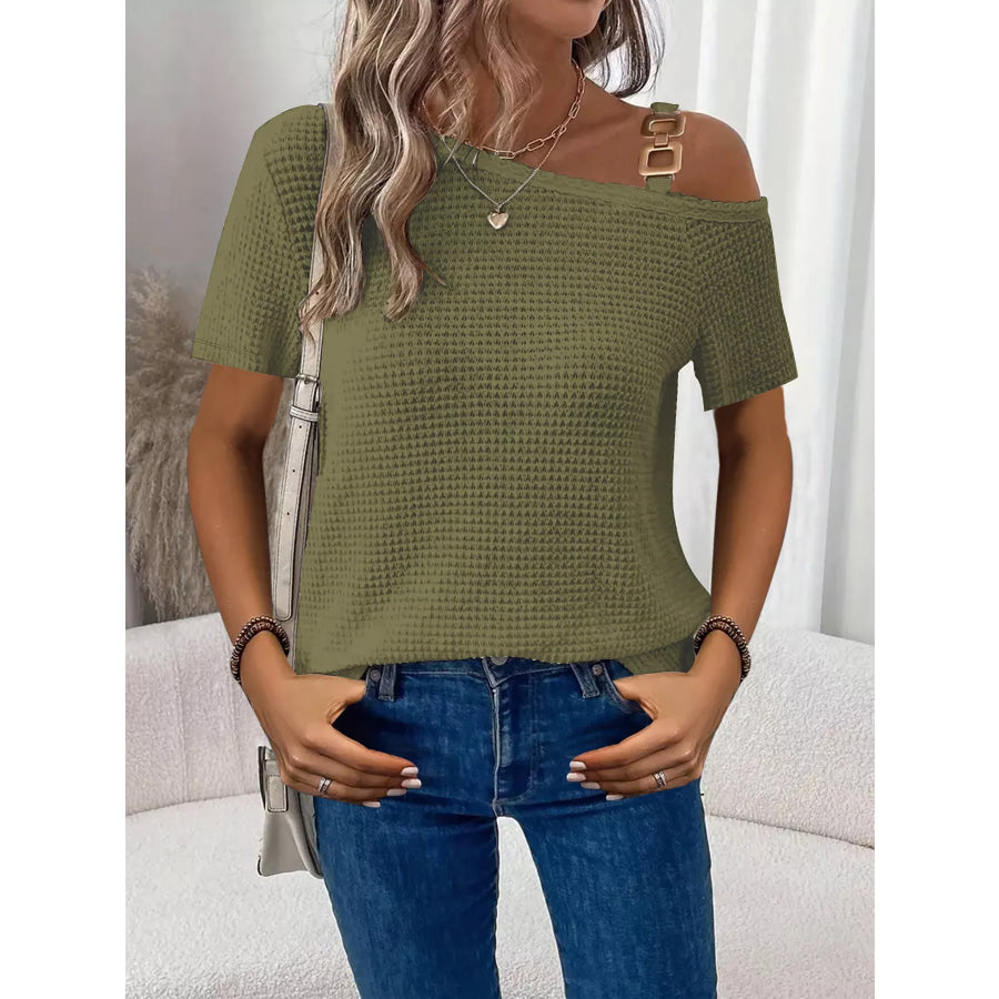 One-Shoulder Chain Detail Waffle Knit T-Shirt Moss / S Apparel and Accessories