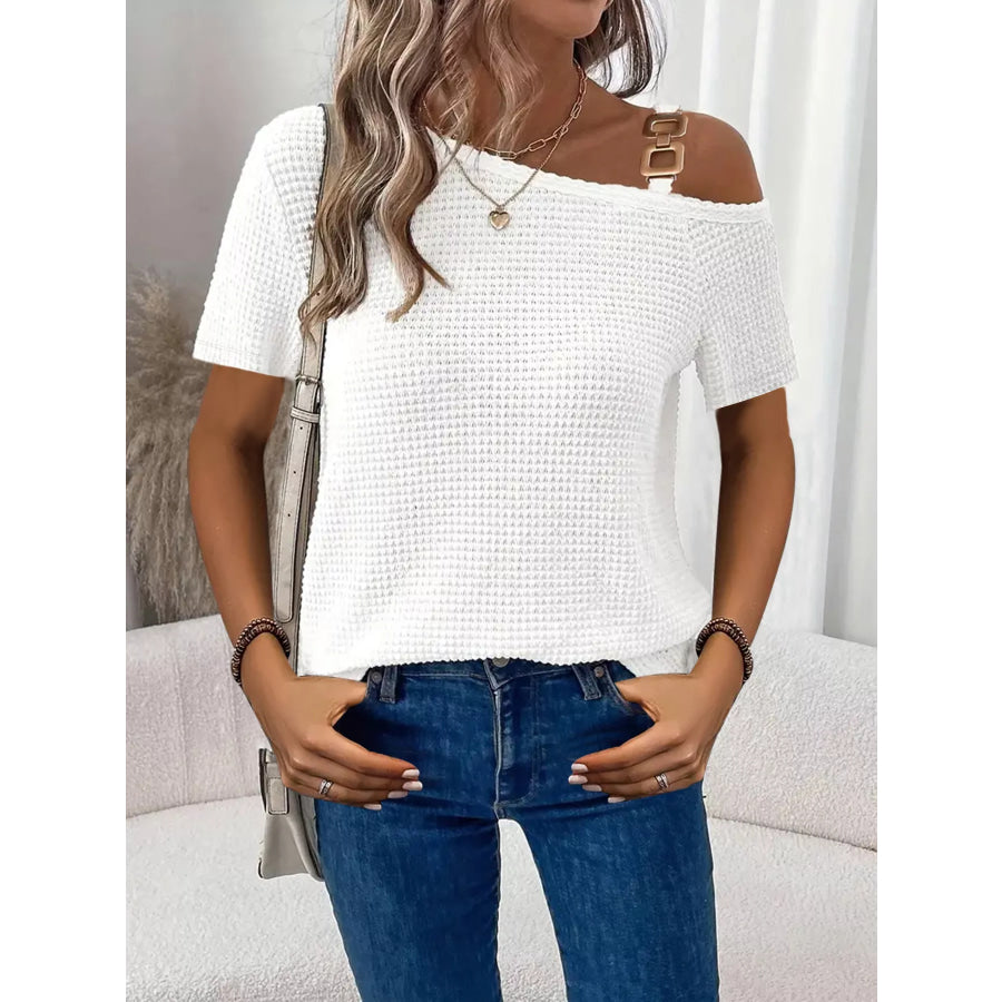One-Shoulder Chain Detail Waffle Knit T-Shirt White / S Apparel and Accessories