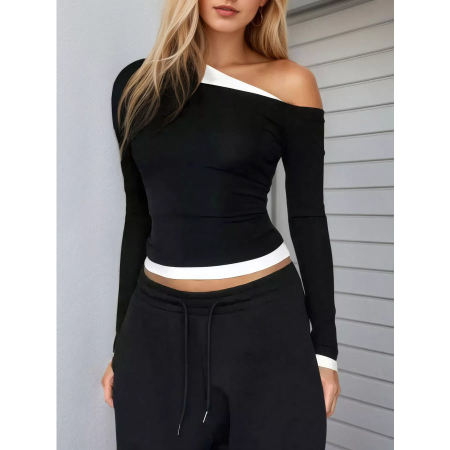 One Shoulder Color-Block Long Sleeve T-Shirt Apparel and Accessories