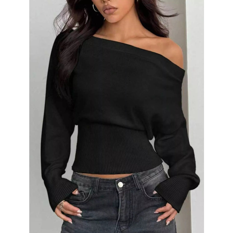 One Shoulder Cropped Sweater Black / S Apparel and Accessories