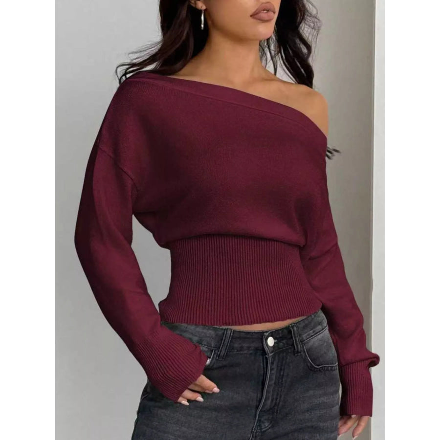 One Shoulder Cropped Sweater Burgundy / S Apparel and Accessories