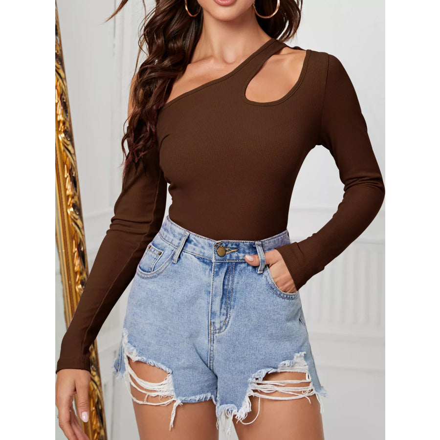 One-Shoulder Cut-Out Long Sleeve T-Shirt Dark Brown / S Apparel and Accessories