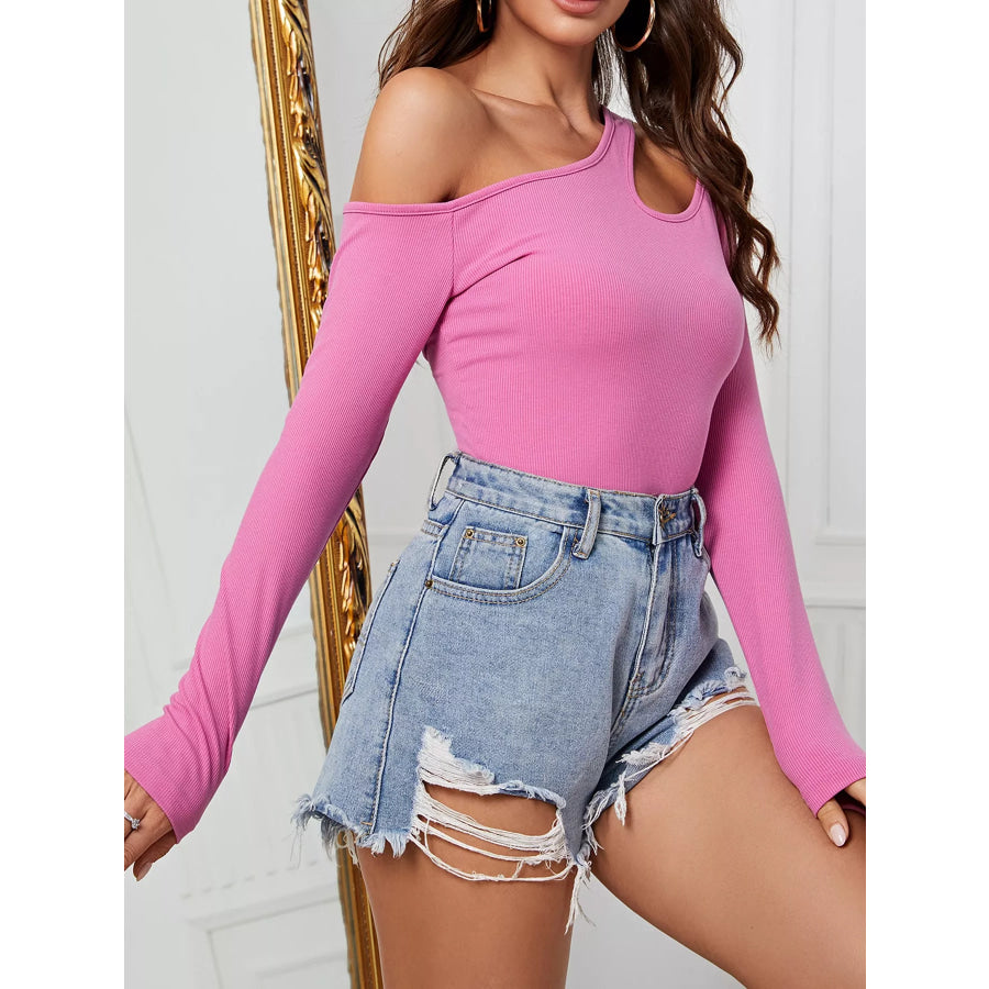 One-Shoulder Cut-Out Long Sleeve T-Shirt Fuchsia / S Apparel and Accessories
