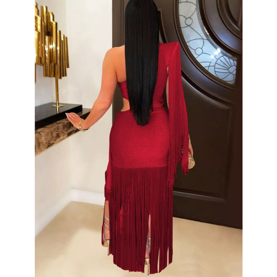 One-Shoulder Cutout Fringe Bodycon Party Dress Apparel and Accessories