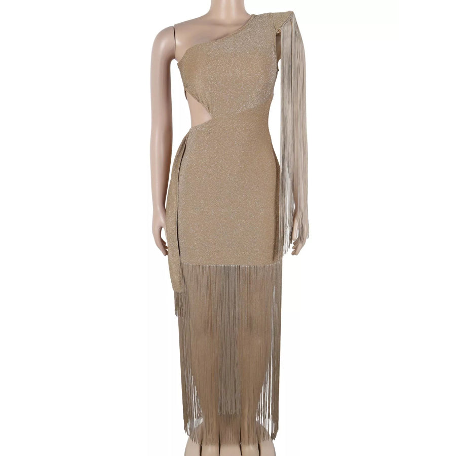 One-Shoulder Cutout Fringe Bodycon Party Dress Apparel and Accessories