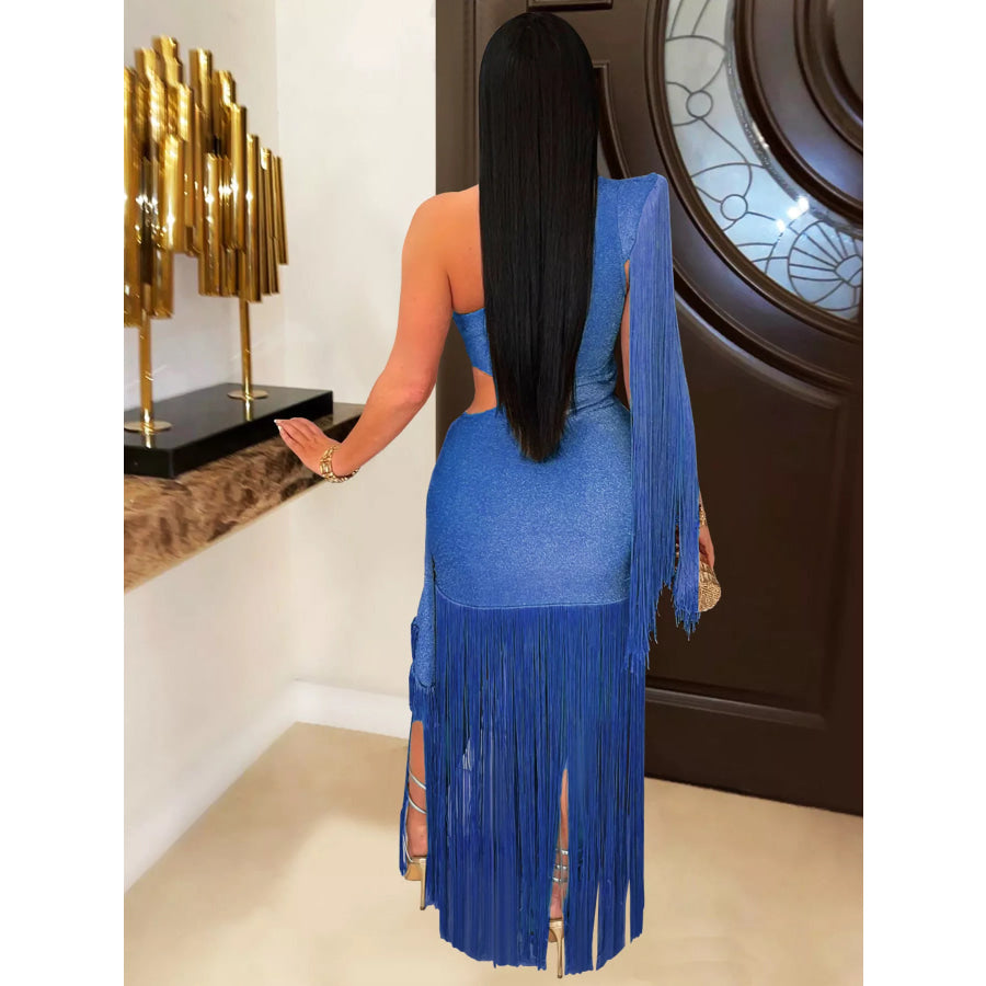 One-Shoulder Cutout Fringe Bodycon Party Dress Apparel and Accessories