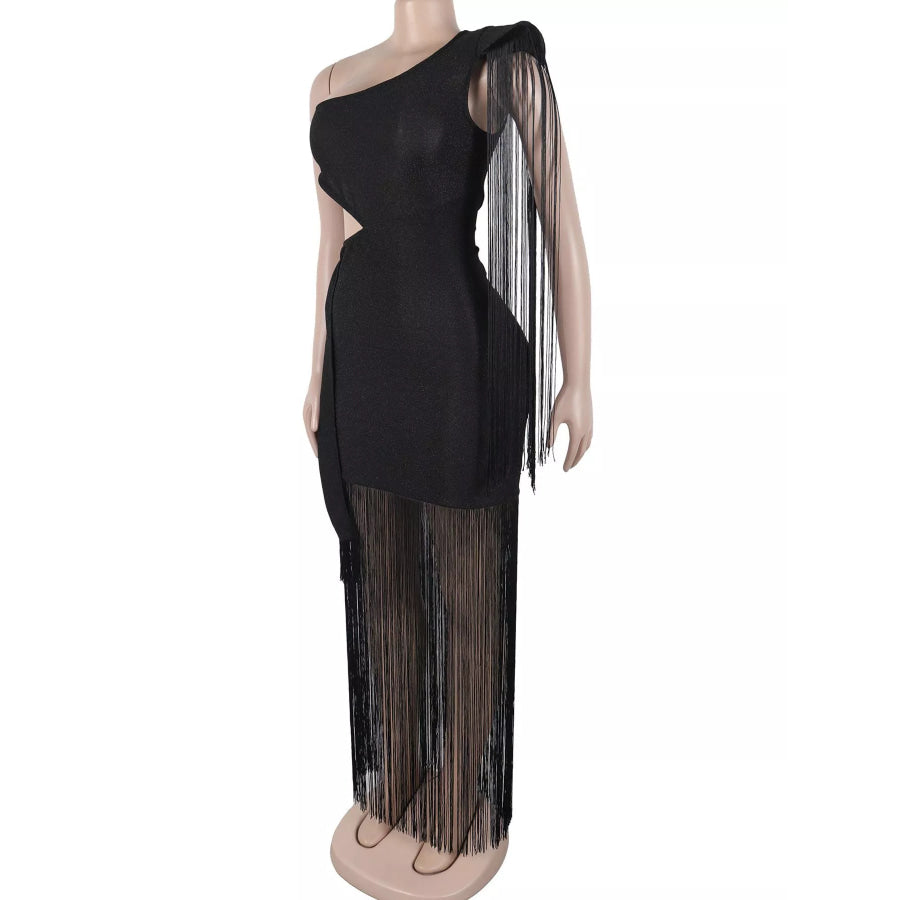 One-Shoulder Cutout Fringe Bodycon Party Dress Apparel and Accessories
