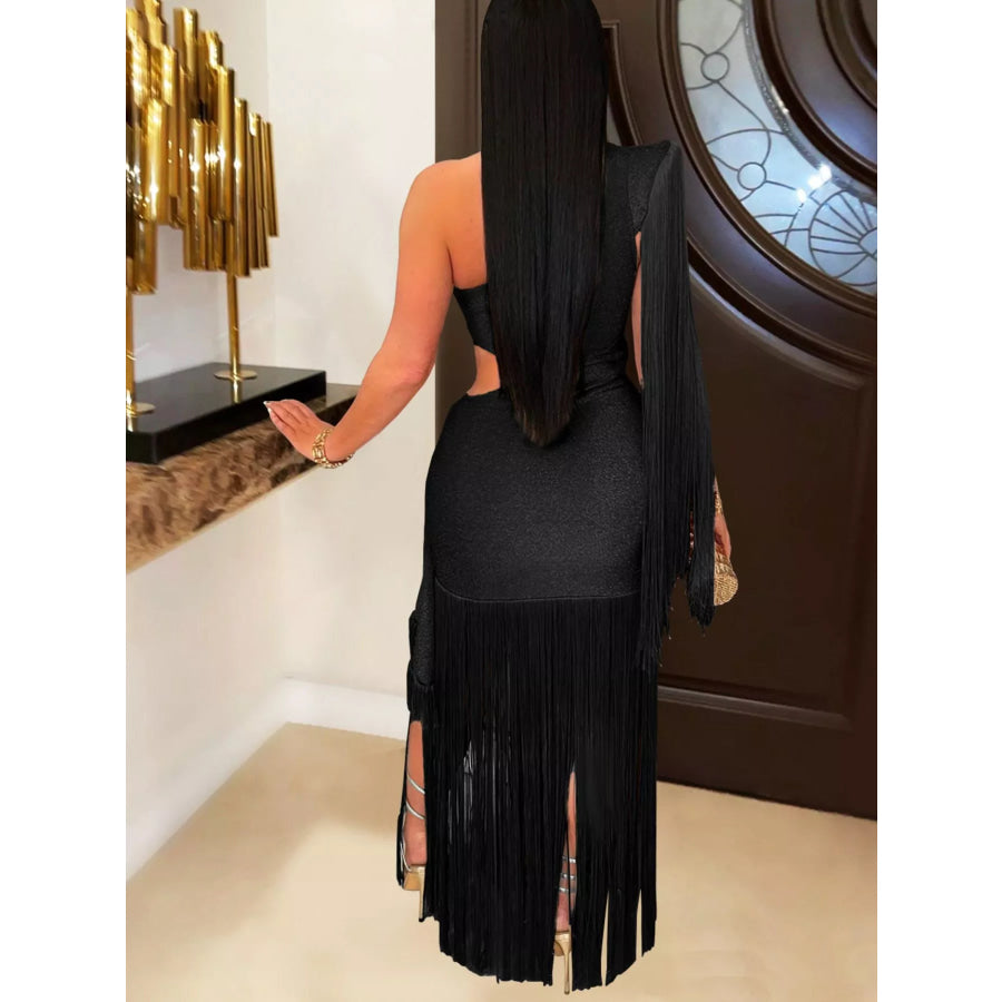 One-Shoulder Cutout Fringe Bodycon Party Dress Apparel and Accessories