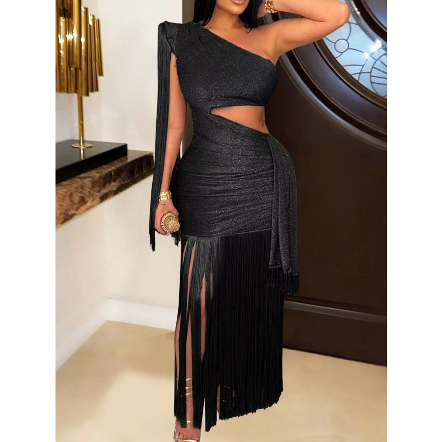 One-Shoulder Cutout Fringe Bodycon Party Dress Black / S Apparel and Accessories