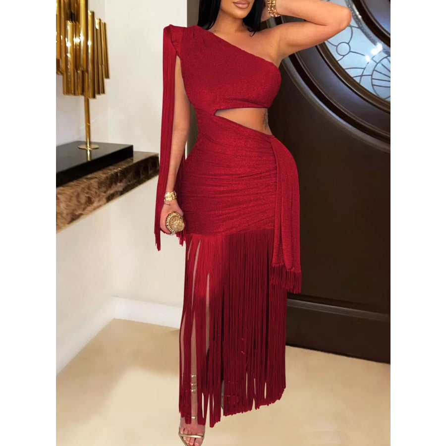One-Shoulder Cutout Fringe Bodycon Party Dress Deep Red / S Apparel and Accessories