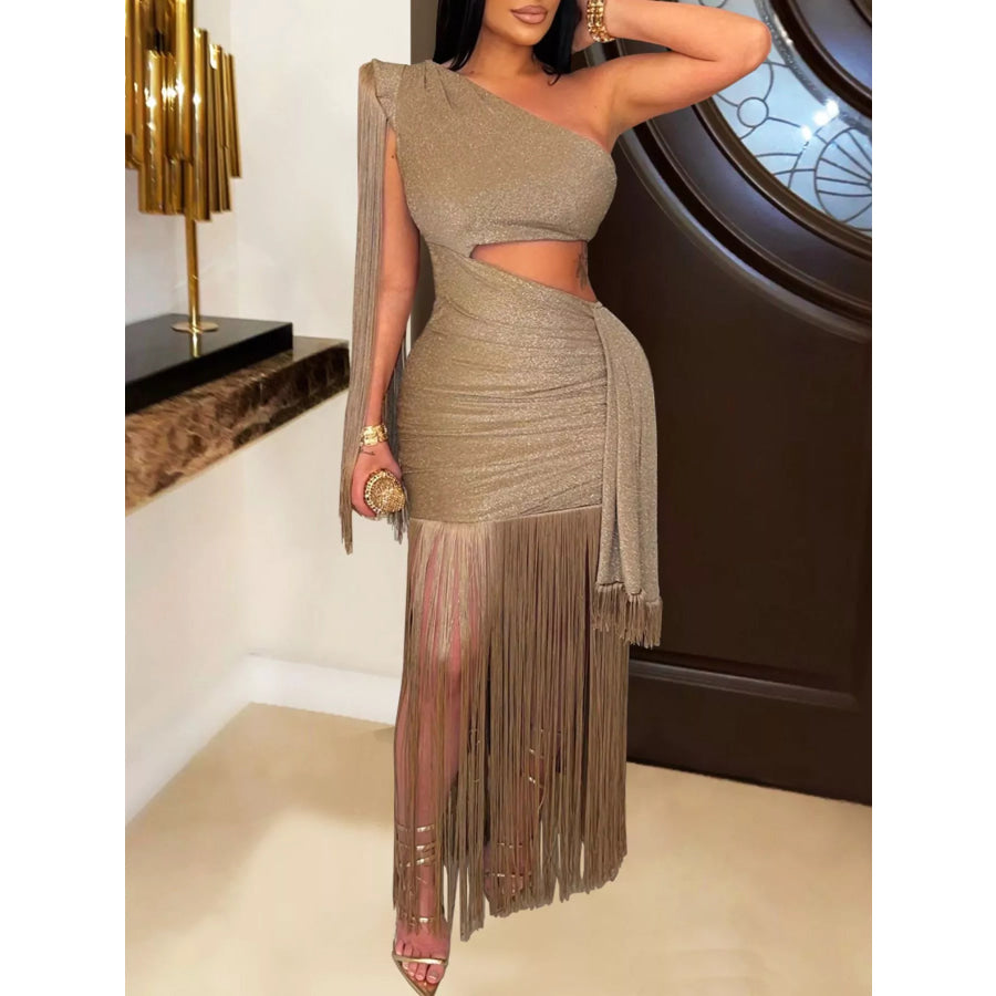 One-Shoulder Cutout Fringe Bodycon Party Dress Gold / S Apparel and Accessories