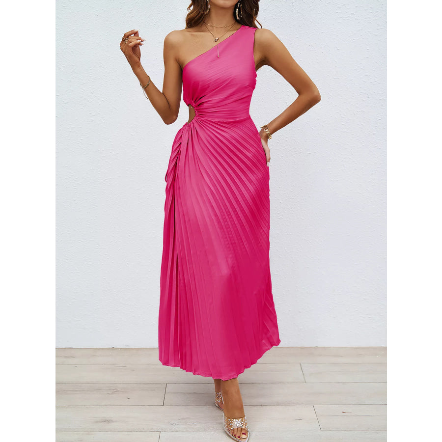 One-Shoulder Cutout Pleated Midi Dress Hot Pink / S Apparel and Accessories