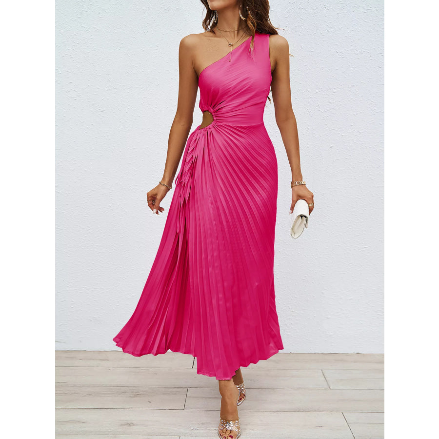 One-Shoulder Cutout Pleated Midi Dress Hot Pink / S Apparel and Accessories