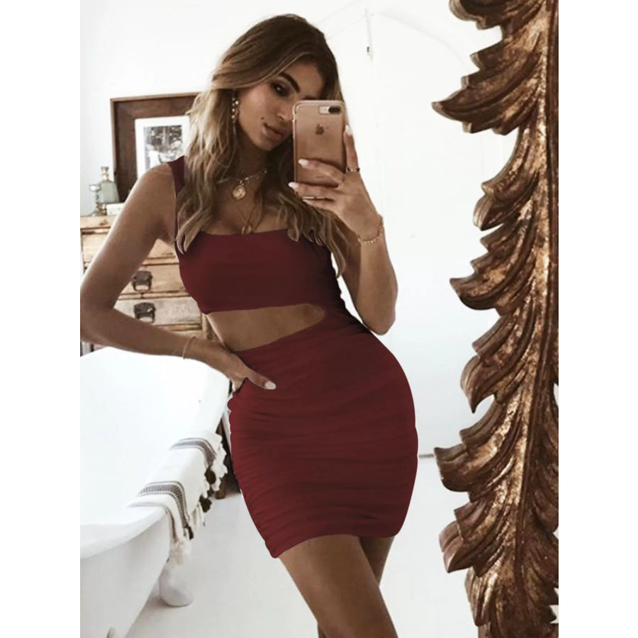 One-Shoulder Cutout Ruched Bodycon Mini Dress Apparel and Accessories