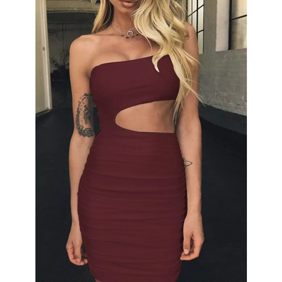 One-Shoulder Cutout Ruched Bodycon Mini Dress Burgundy / XS Apparel and Accessories