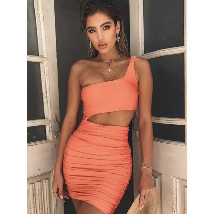 One-Shoulder Cutout Ruched Bodycon Mini Dress Orange Powder / XS Apparel and Accessories