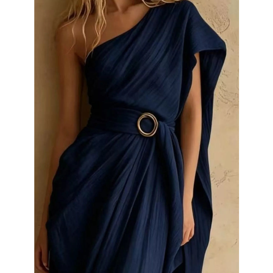 One-Shoulder Draped Maxi Dress with Waist Buckle Apparel and Accessories